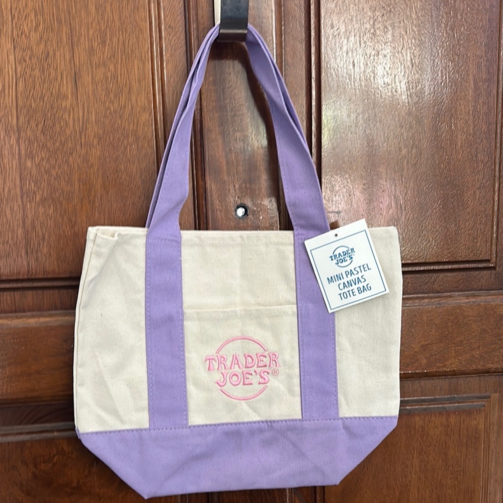 Trader Joe’s mini pastel tote purple and Cream